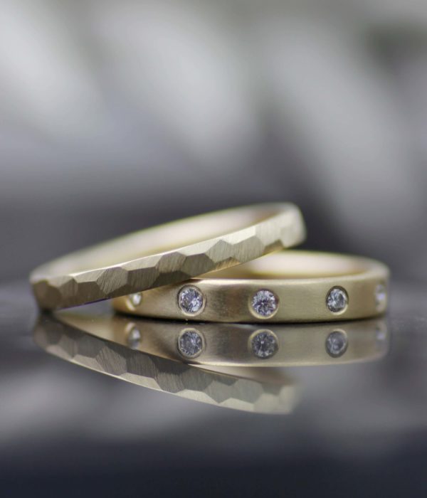 Ocean Coral Three Diamond Wedding Band Set  scaled