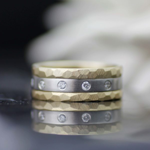 Ocean Coral Three Diamond Wedding Band Set