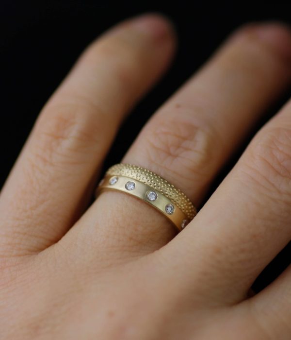 Ocean Coral Three Diamond Wedding Band Set  scaled