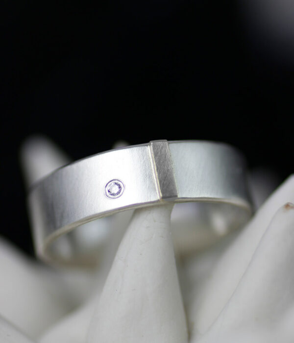 mm white gold tab mens or womens gender neutral wedding band wtih lab diamond  e