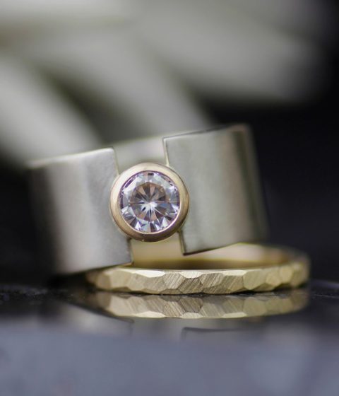 lunar eclipse yellow and white gold modern wide band engagement ring