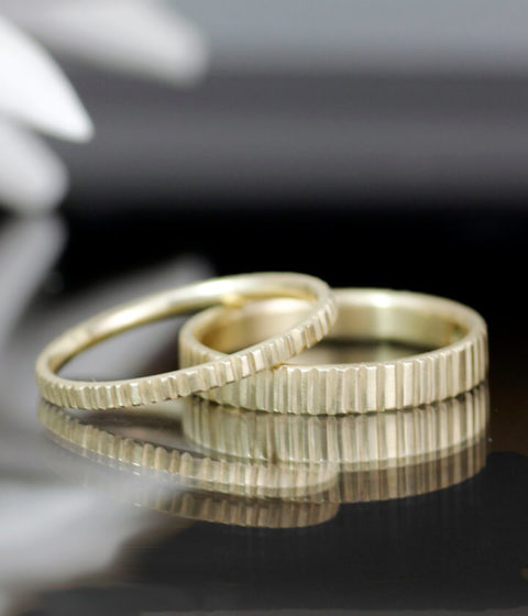 crenelated his hers theirs yellow gold bands