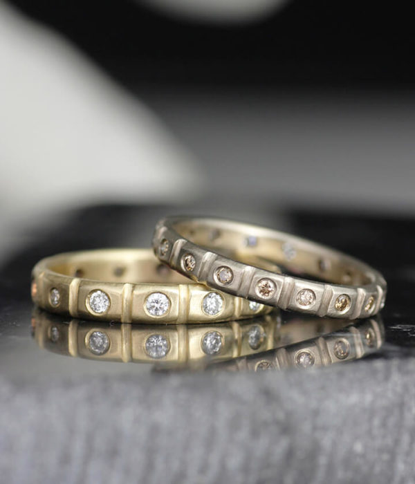 diamond studded crenelated bands with cognac diamonds