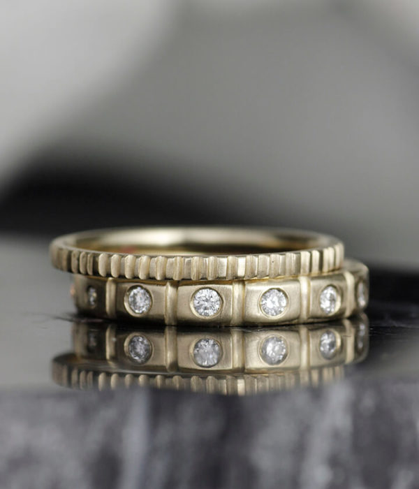 diamond studded crenelated two band set
