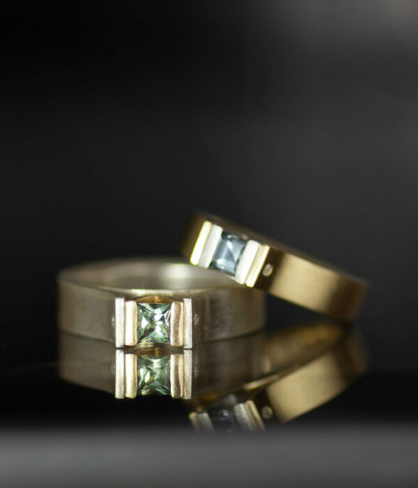 Princess cut Montana sapphire gold and platinum mixed metals canyon minimalist engagement rings with lab grown diamond detailing