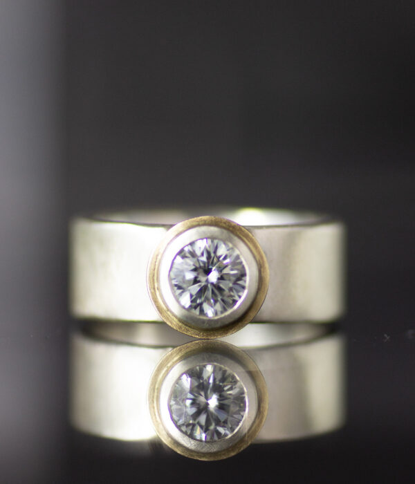 platinum and 14K yellow gold tessellated gray moissanite bezel set mixed metals engagement ring scaled