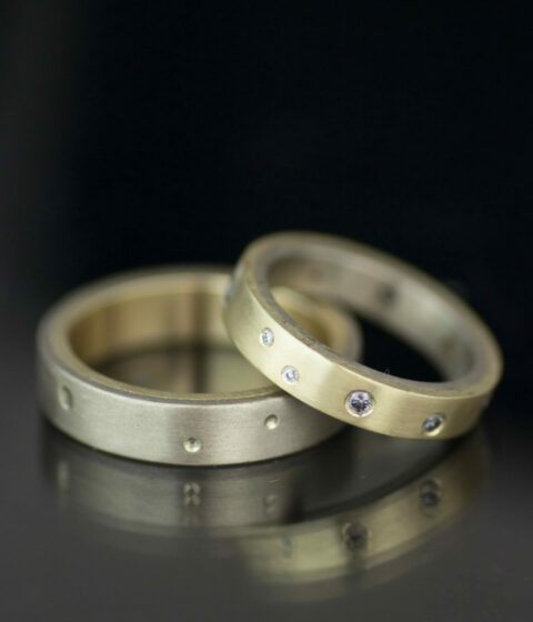 racing stripes 14K palladium white gold mixed metals modern gender neutral wedding bands