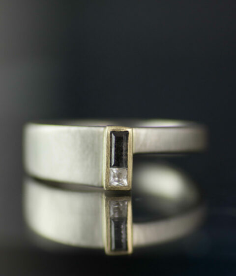 bezel set salt and pepper diamond baguette two stone mixed metals modern gender neutral engagement ring