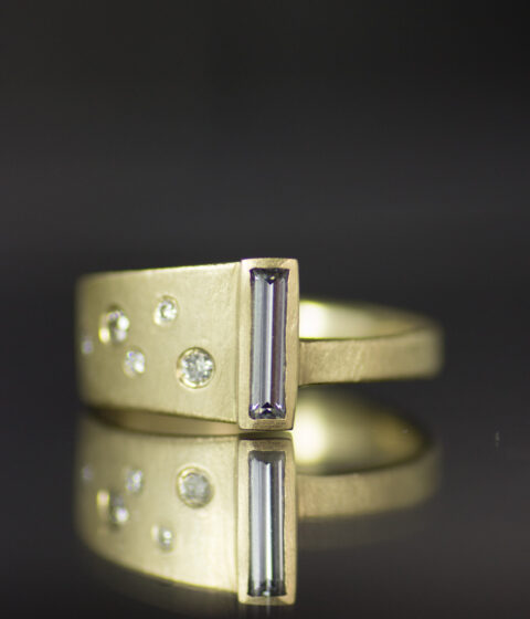 14K gold assymmetrial salt and pepper diamond wrap alt engagement ring with grey moissanite baguette