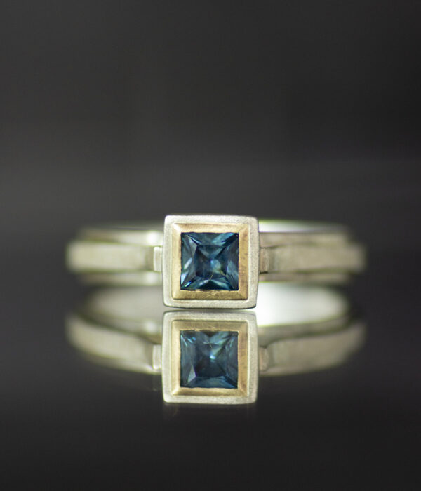double bezel Montana sapphire large mori engagement ring in platinum and 14K gold scaled