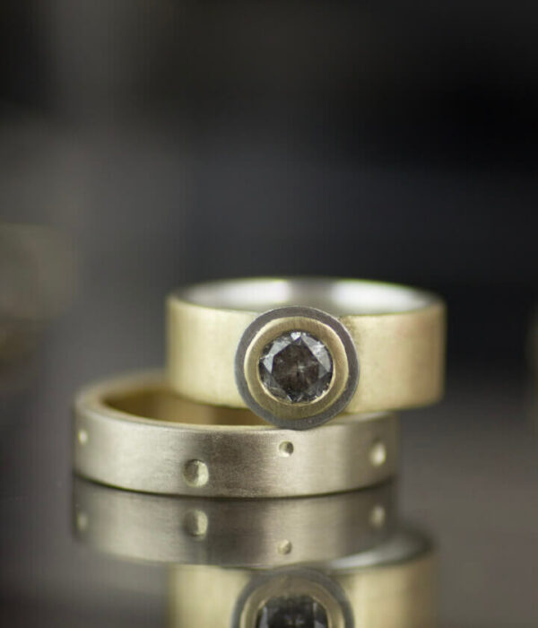 salt pepper diamond tessellated engagement ring with gender neutral inside out band