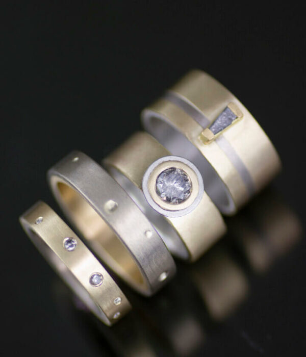 salt pepper diamond baguette 14K and 18K gold mixed metals gender neutral engagement rings
