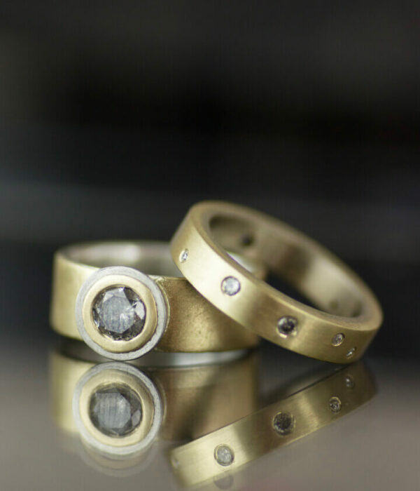 salt pepper diamond tessellated engagement ring with winter stars diamond band