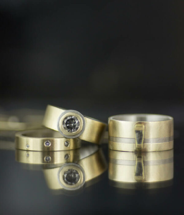 salt pepper diamond baguette 14K and 18K gold mixed metals three ring set