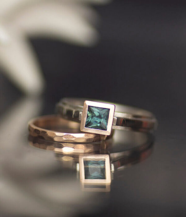 teal Montana sapphire 14k white gold large mori with rose gold bezel 14k rose gold faceted band