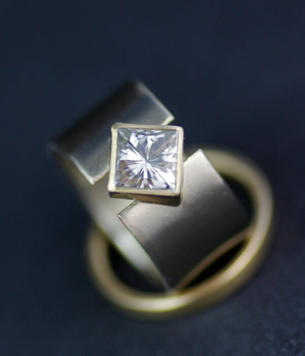 14K gold lab grown diamond diagonal lunar eclipse wide band engagement ring