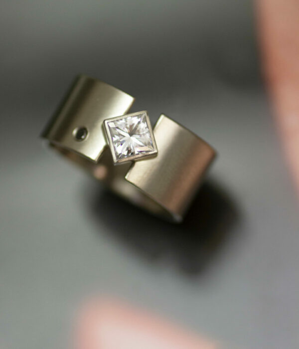 14K gold diagonal lunar eclipse wide band white gold engagement ring