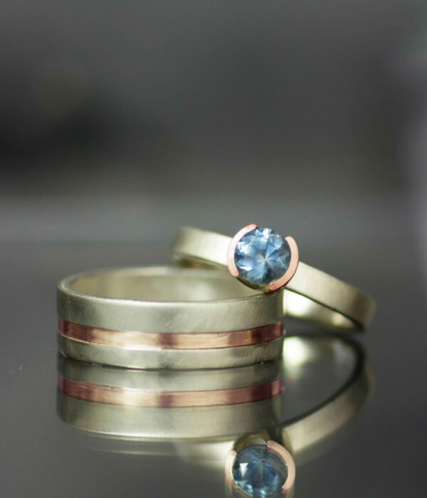 Montana sapphire 14K rose gold mixed metals half bezel solitaire engagement ring