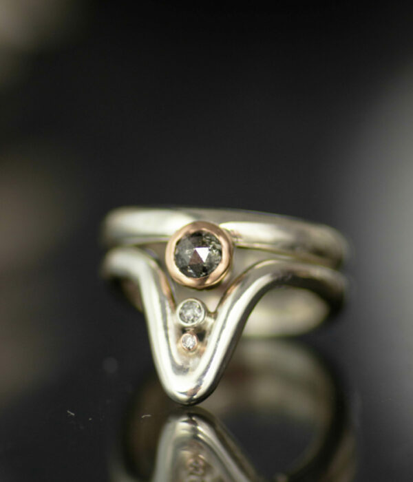 deep wave salt and pepper rose cut diamond platinum and 14K rose gold contemporary wedding set