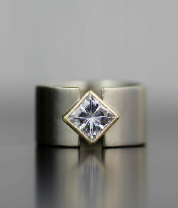 diamond lunar eclipse wide band 14K gold gender neutral lab-grown diamond or moissante engagement ring wedding band set