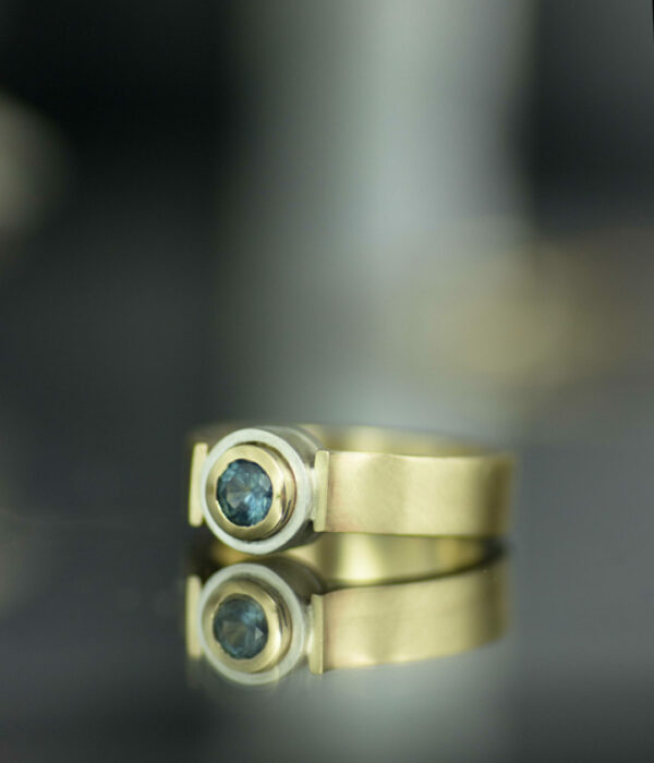 double bezel canyon platinum and 14K gold mixed metals modern engagement ring with Montana sapphire or lab-grown diamond 2