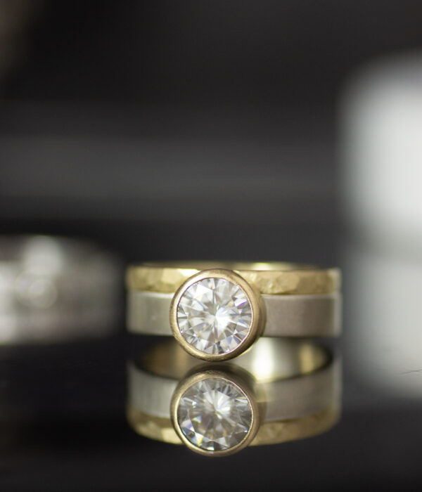 14K gold bezel set moissanite mixed metals engagement ring wedding band ring stacking set