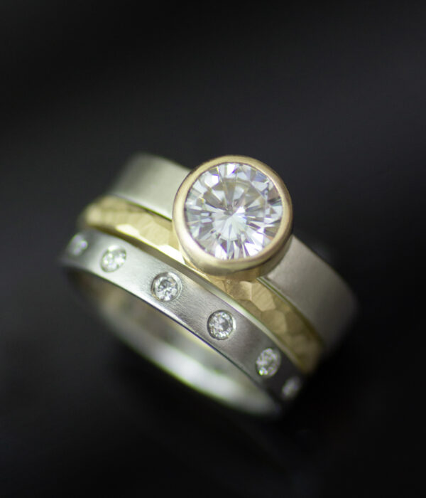 14K mixed metals gold bezel set moissanite mixed metals engagement ring wedding band set scaled