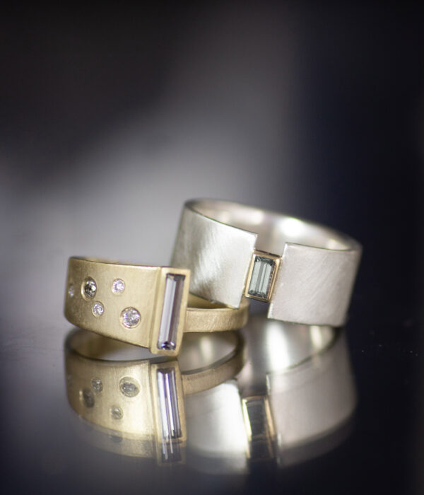 baguette lunar eclipse with green sapphire, salt and pepper diamond wrap ring in 14K gold alt engagement rings 2