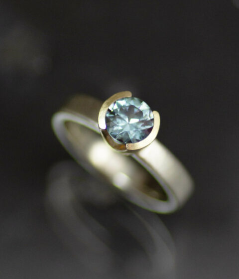 14K mixed metals Montana sapphire half bezel solitaire engagement ring scaled
