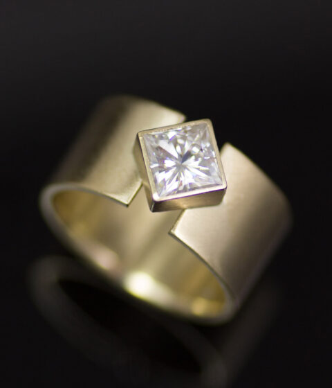 diamond lunar eclipse wide band engagement ring in 14K yellow gold