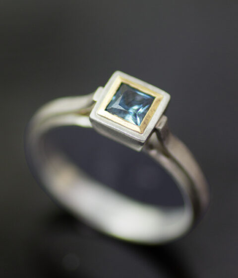 platinum double bezel Montana sapphire large mori engagement ring in platinum and 14K gold