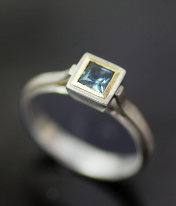 platinum double bezel Montana sapphire large mori engagement ring in platinum and 14K gold