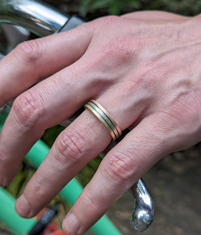 Parallel Lines Tri-Tone Minimalist Gender Neutral Wedding Band - Image 4