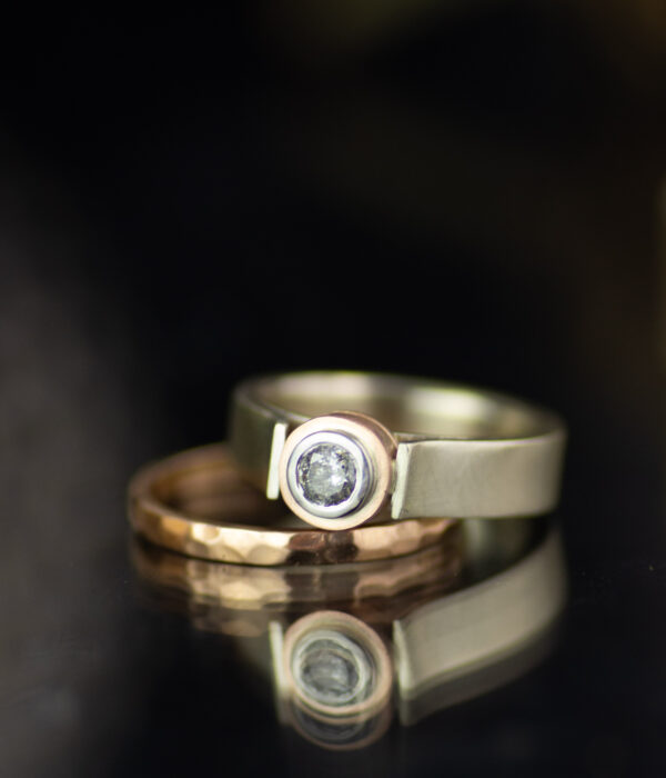 2 Canyon Salt And Pepper Diamond 14k White And Rose Gold Double Bezel Modern Engagement Ring With Faceted Wedding Band Scaled
