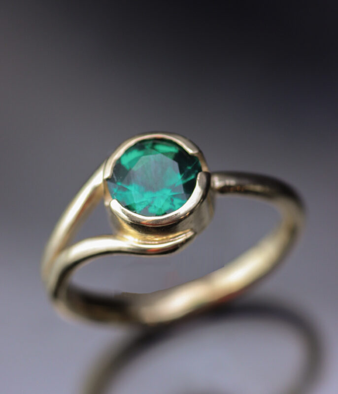 Emerald and Gold Half Bezel Double Orbit One of a Kind Minimalist Engagement Ring - Image 4