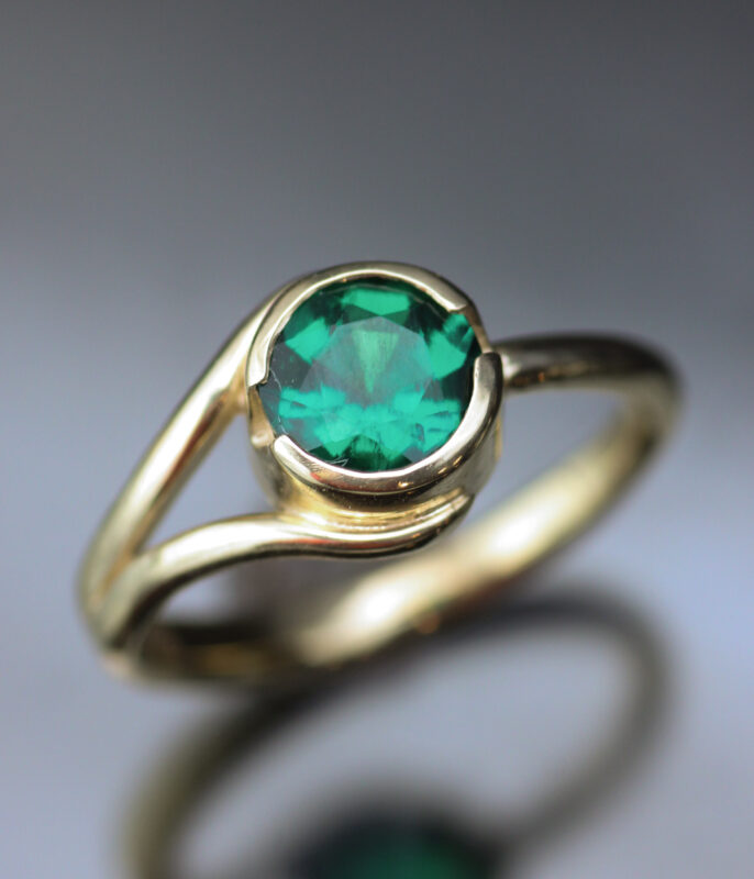 Emerald and Gold Half Bezel Double Orbit One of a Kind Minimalist Engagement Ring