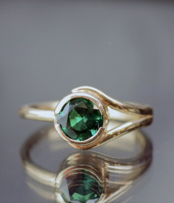 Emerald and Gold Half Bezel Double Orbit One of a Kind Minimalist Engagement Ring - Image 3