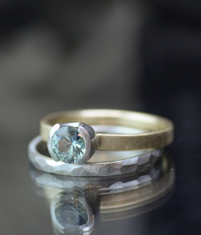 Montana Sapphire Mixed Metals Minimalist Engagement Ring/Wedding Band Set - Ready to Ship - Image 3