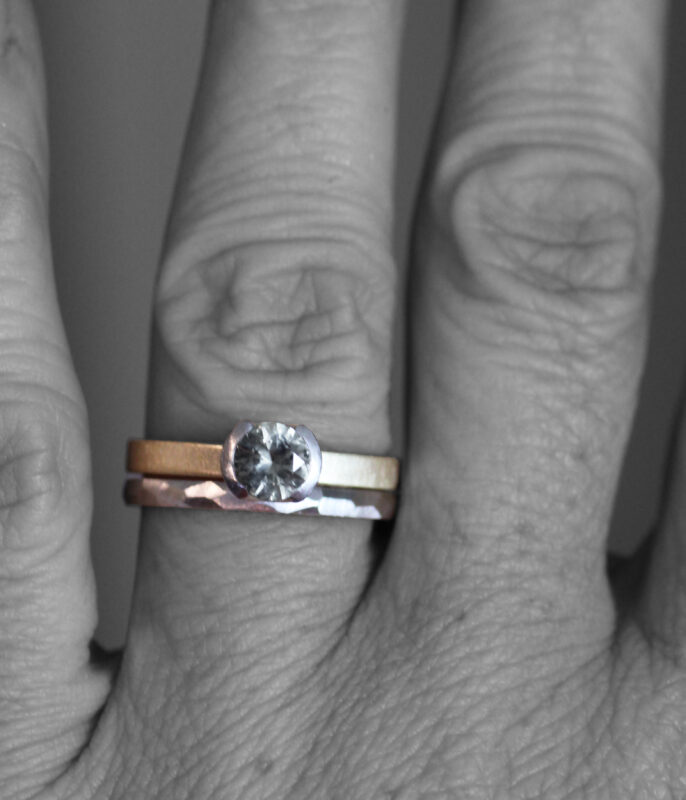 Montana Sapphire Mixed Metals Minimalist Engagement Ring/Wedding Band Set - Ready to Ship - Image 5