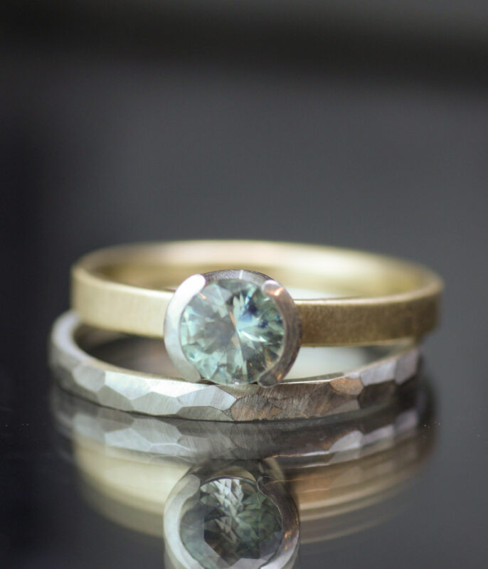 Montana Sapphire Mixed Metals Minimalist Engagement Ring/Wedding Band Set - Ready to Ship - Image 4