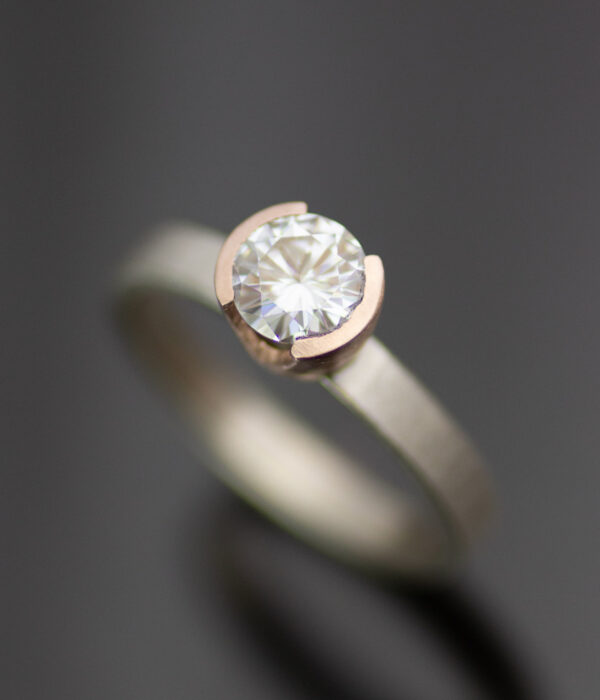 Main Moissanite Modern Half Bezel Solitaire In 14k Rose And White Gold.jpg Scaled