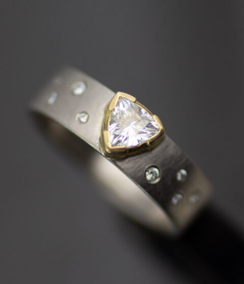 Main Trillion Moissanite Mixed Metals Diamond Studded Engagement Ring Scaled