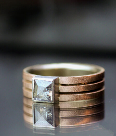 Parallel Lines Rose Gold and Platinum Modern Engagement Ring
