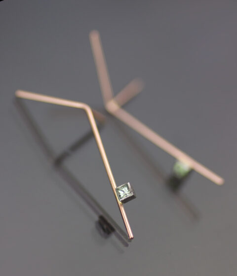 Gold And Platinum Bending Branch Post Earrings With Montana Sapphire Scaled