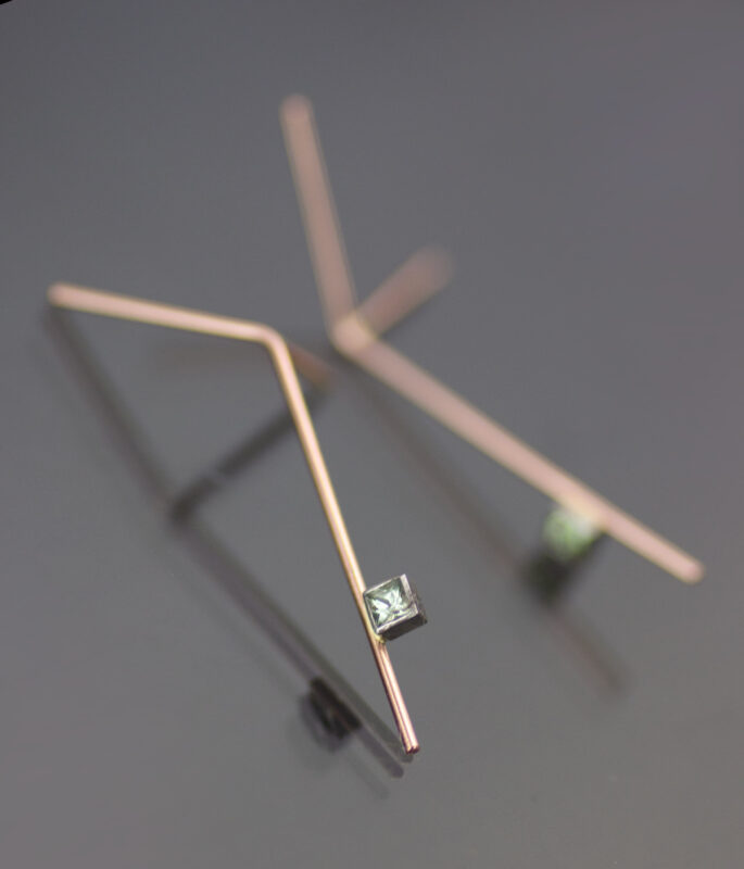 Gold And Platinum Bending Branch Post Earrings With Montana Sapphire Scaled