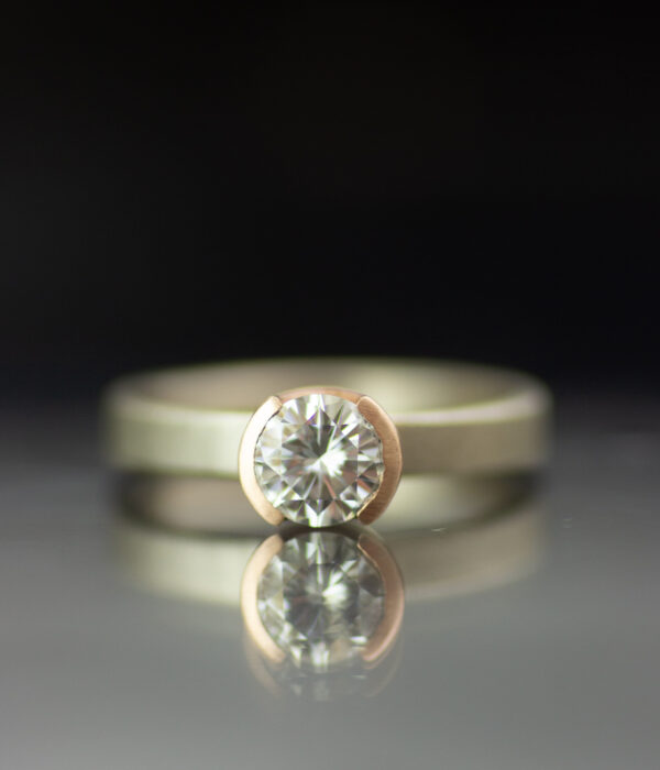 Moissanite Modern Half Bezel Solitaire In 14k Rose And White Gold Scaled
