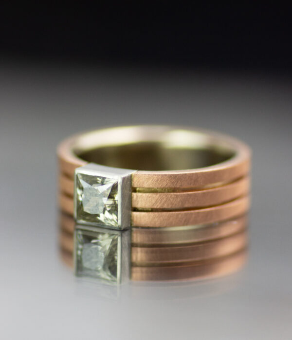Ring Rose Gold And Platinum Square Parallel Lines Ring With Champange Moissanite Scaled
