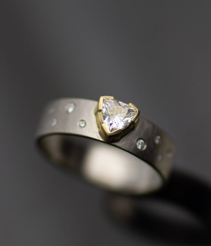 Trillion Moissanite Mixed Metals Diamond Studded Engagement Ring 1 Scaled