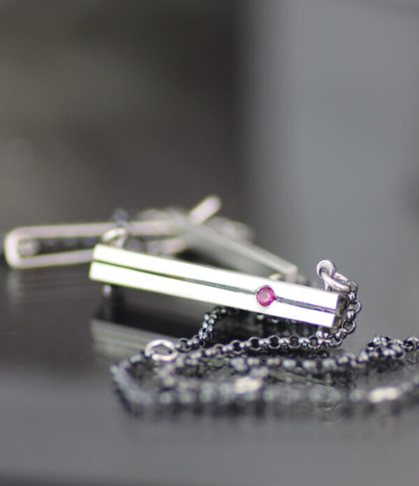 Silver Chunky Bar Ruby or Diamond Modern Art Pendant Necklace