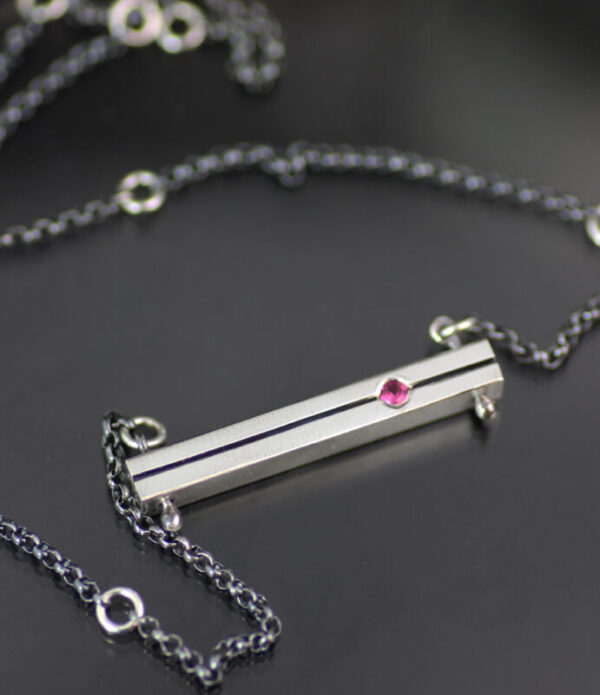 Silver Chunky Bar Ruby or Diamond Modern Art Pendant Necklace - Image 4